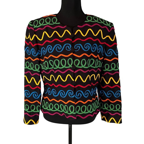 VTG Maggy London Kenneth Nolan Black Multi Color Embroidered Jacket Size 10 - Picture 2 of 6